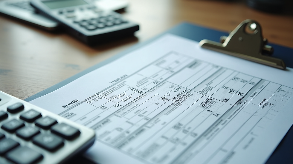 High angle view of tax forms and calculator on a desk