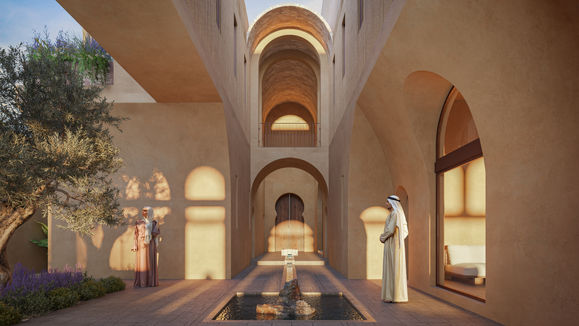 Patio central con luz natural y vegetación en residencia vacacional en Al Khiran, diseño de Medrano Arquitectura