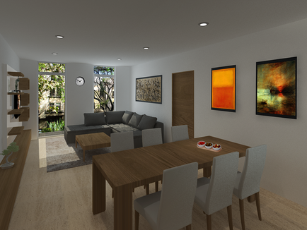 Render del área de estancia en el penthouse de Vértiz 1320, destacando la amplitud y diseño interior contemporáneo.