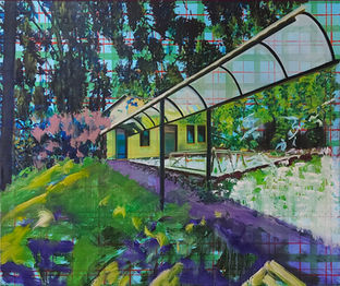 A painting of scenes from  the Scottish House in Tel Aviv abstracted by a grid  taken from traditional Kilt fabric.
הבית הסקוטי תל אביב, ציור נוף, גריד, בד סקוטי
