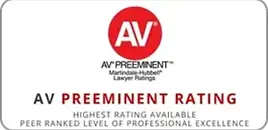 A white and red AV Preeminent Rating badge, which indicates it represents the highest rating available in peer ranked level of professional excellence