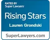 A blue and white Rising Stars badge indicating that Lauren Grondski is rated by Super Lawyers as a Rising Star and providing their website of Superlawyers.com
