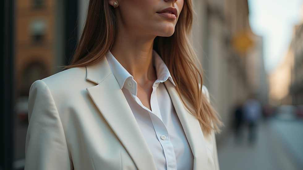 Eye-level view of a stylish outfit featuring a classic white shirt and tailored blazer