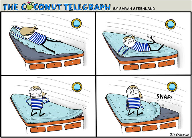 The Coconut telegraph sailing comic, sailing comic, cruisers life, cruisers excited over bath shower and bed, land life, cruising life, sailing, cruising comic, web comic, sarah steenland, cruising cartoonist,
