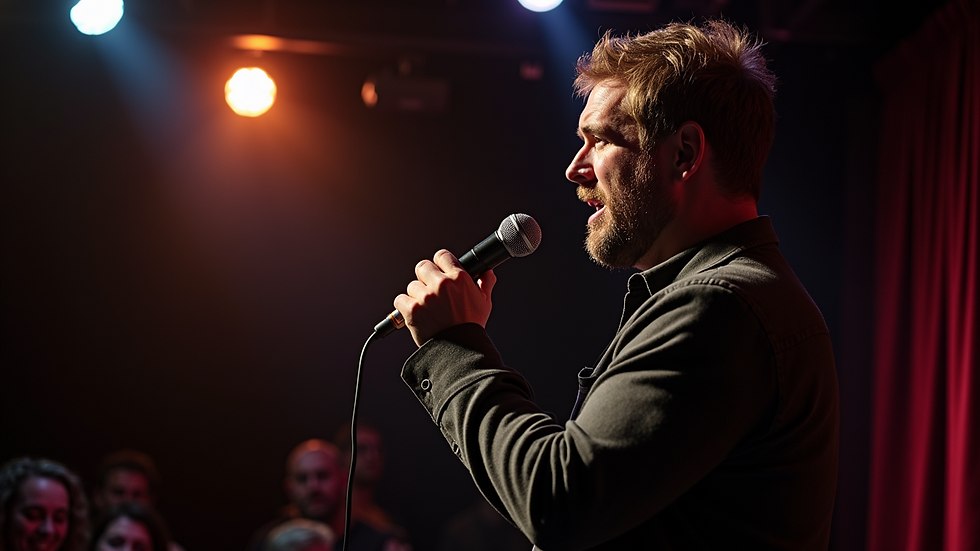 Eye-level view of a comedian performing on stage at Firebird Variety Open Mic