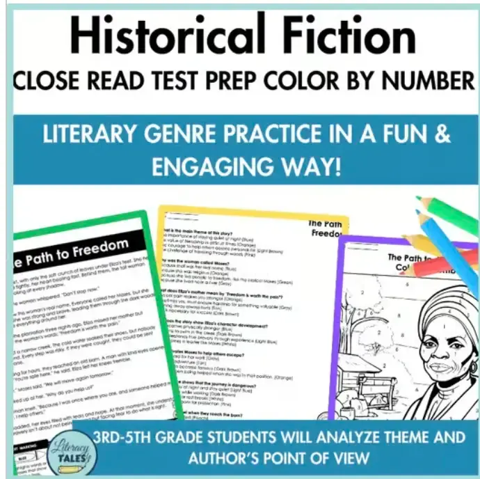 Historical Fiction test prep cover with colorful worksheets, a drawing, and text for grades 3-5 promoting fun literary analysis.