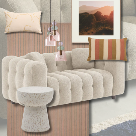 Moodboard beige bouclé et rose sunrise