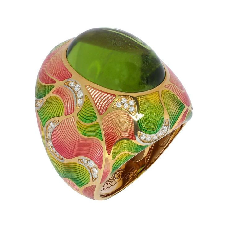 Gold ring with hot enamel and cabochon