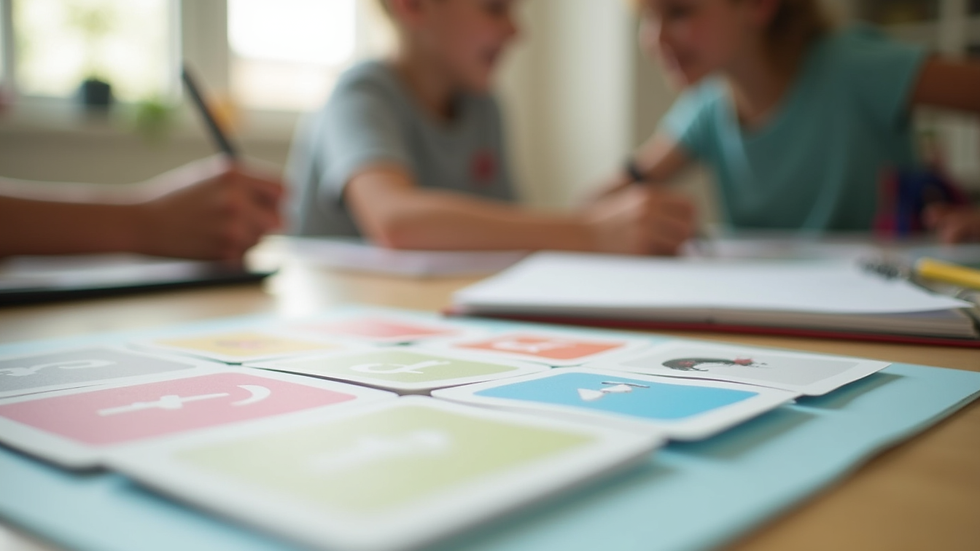 Close-up view of a speech therapist’s desk with therapy tools and colorful flashcards