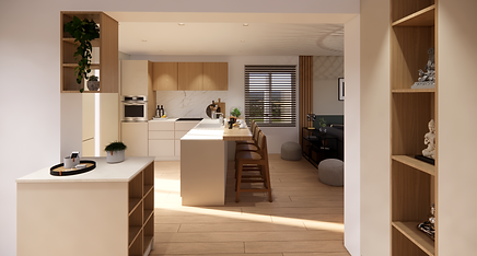 Cuisine ouverte moderne, bois, beige , vert