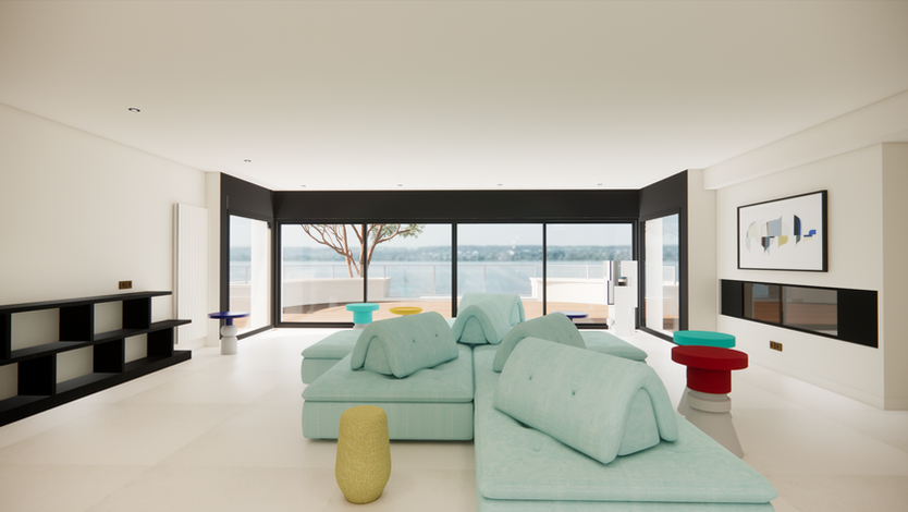 Salon d'une villa de luxe au Pyla sur mer avec vue sur l'océan, meubles design haut de gamme, pièces uniques, résidence secondaire de luxe
