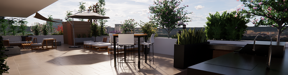 A photorealistic 3D view of a terrace located in Bordeaux, decorated by Ligne Parallèle.
