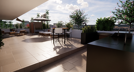 Vue en "D photo réaliste d'une terrasse d'un appratement neuf situé à Mérignac entièrement meublé et décoré par l'agence Ligne Parallèle