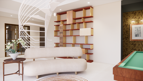 Escalier design avec lustre sur-mesure et billard haut de gamme – Maison d’architecte à La Hume, Ligne Parallèle.