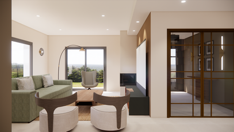 Salon avec meuble TV sur-mesure et porte-verrière en laiton – Maison haut de gamme Ligne Parallèle à La Hume, Bassin d’Arcachon.