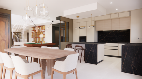 Cuisine ouverte avec salle à manger haut de gamme et mobilier sur-mesure – Projet Ligne Parallèle à La Hume, Bassin d’Arcachon.