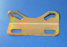 Press‑stamped and zinc‑coated mild steel bracket with four precision‑cut slots and a 90‑degree bend.