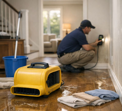 Connecticut water damage cleanup scene showing restoration equipment and technician assessing moisture.