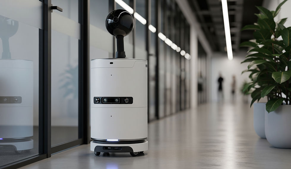An AI-powered robot autonomously navigates a modern hallway, performing quality control tasks with precision.