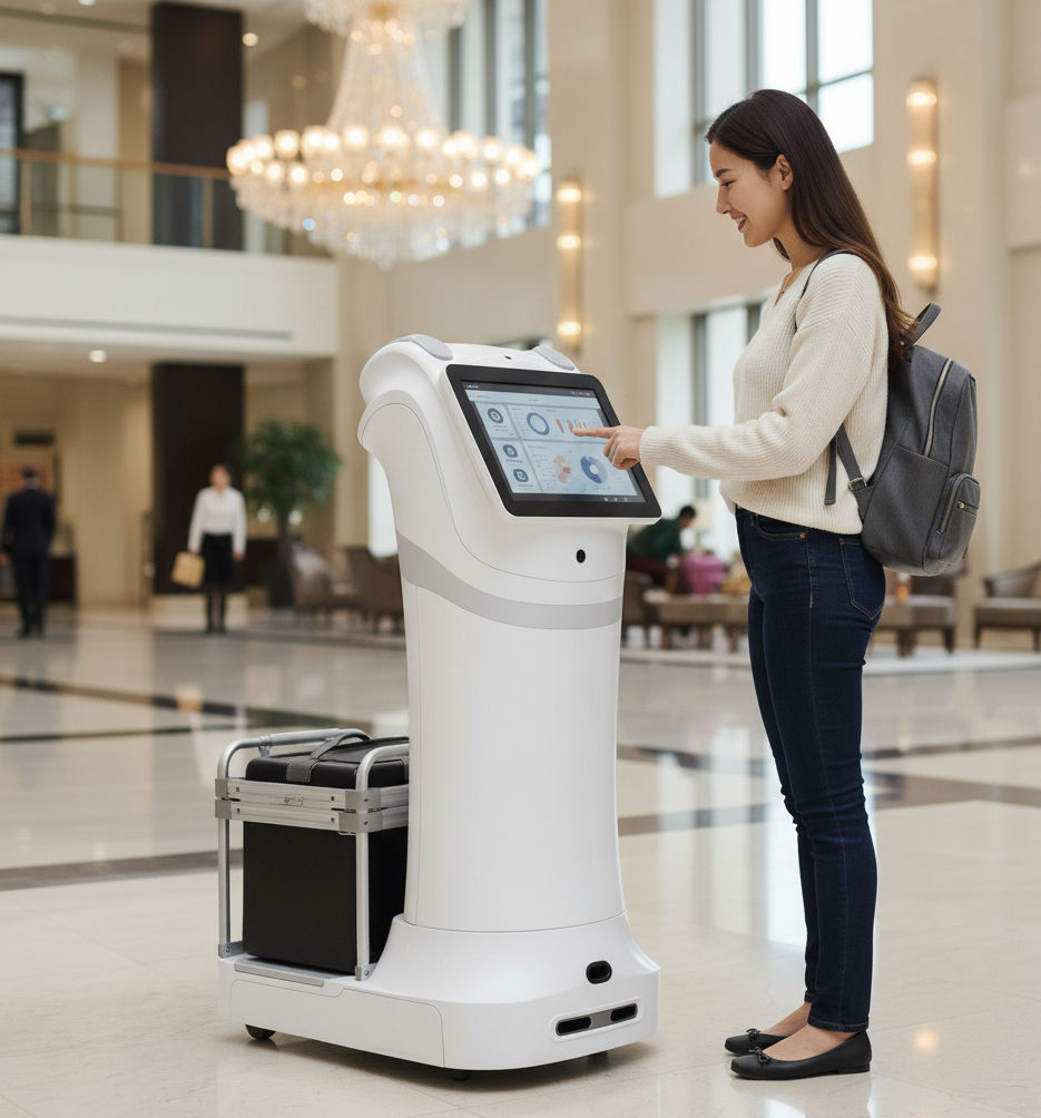A traveler uses a robot assistant to complete the self check-in process at an elegant hotel lobby.