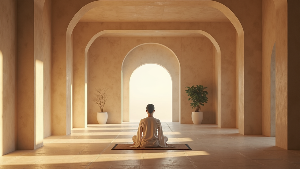 Eye-level view of a serene meditation space with soft lighting