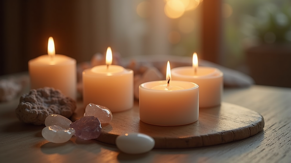 Close-up view of a serene meditation space with candles and crystals