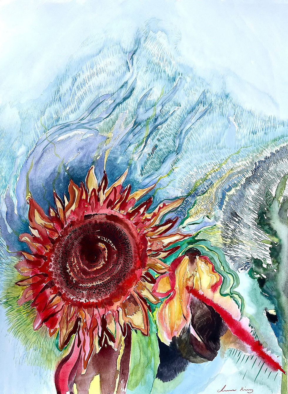 Cherokee Sunflower with Mountain_watercolor on paper_30_x22__2024.jpg