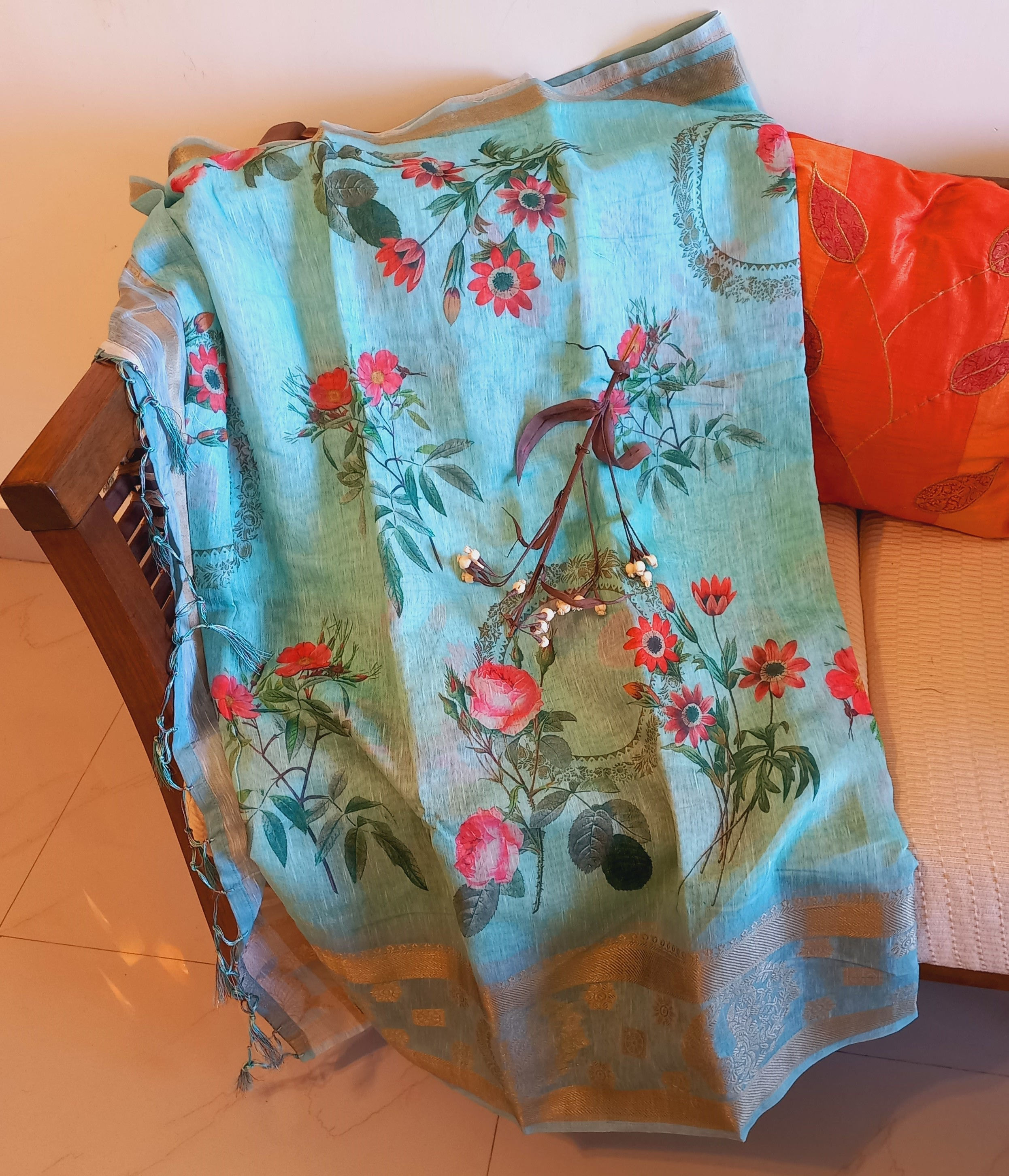 Cyan Cotton Silk with Jacquard border