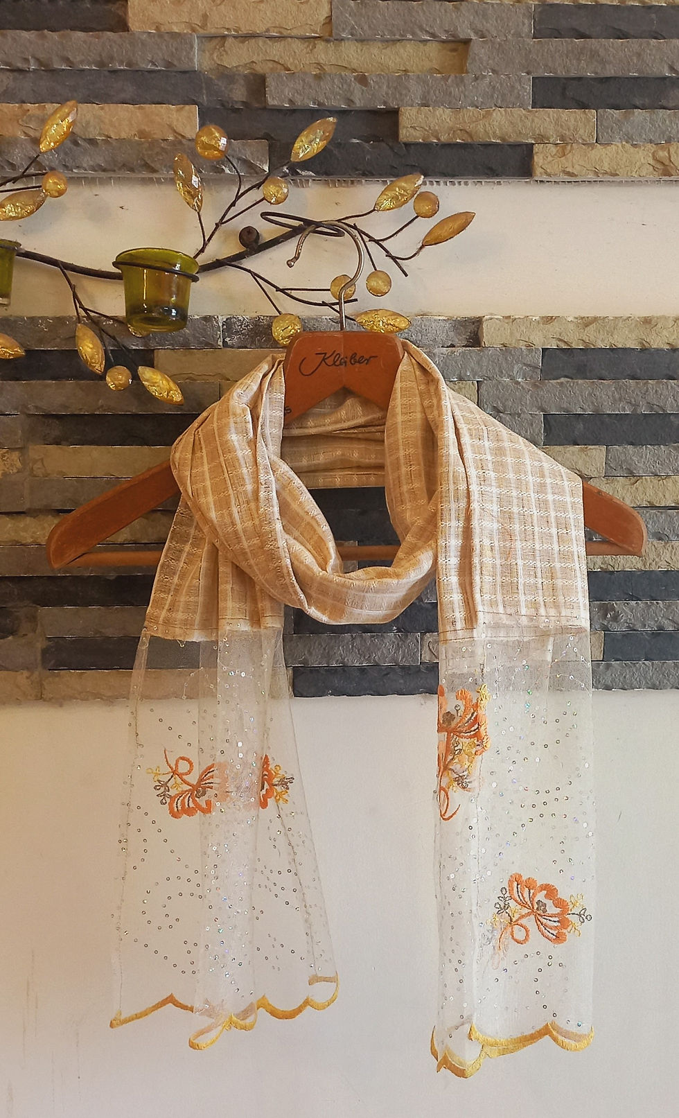 Thumbnail: Light Beige With Embroidered Lace Stole