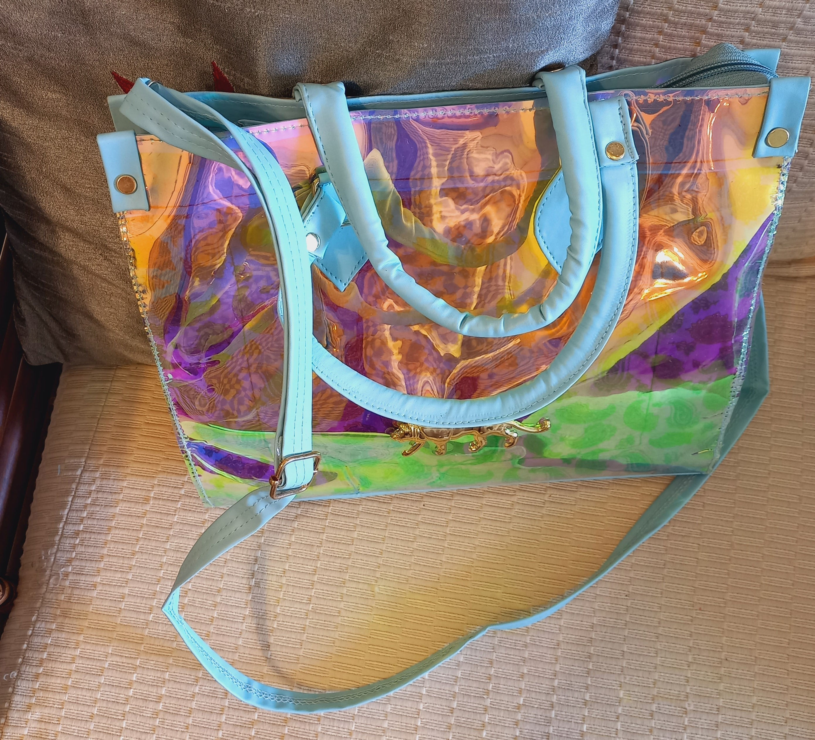 Glisttening Gold Tote with Blue Handle