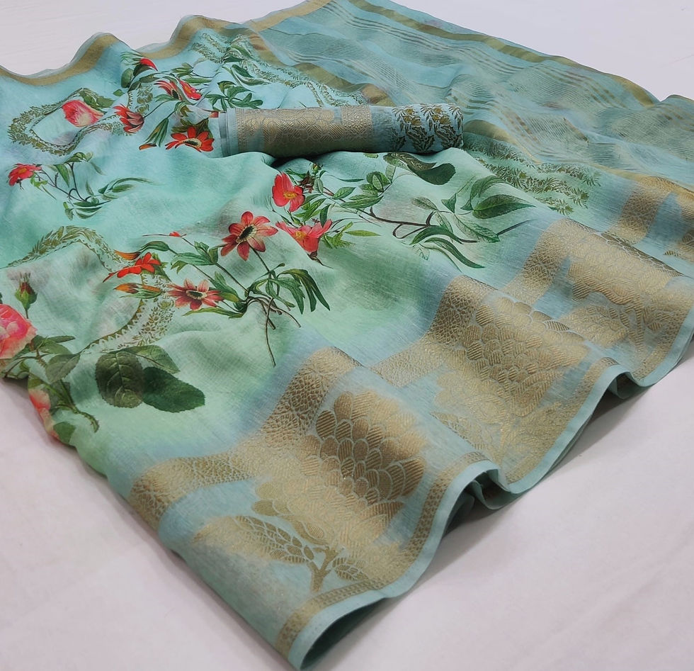 Thumbnail: Cyan Cotton Silk with Jacquard border