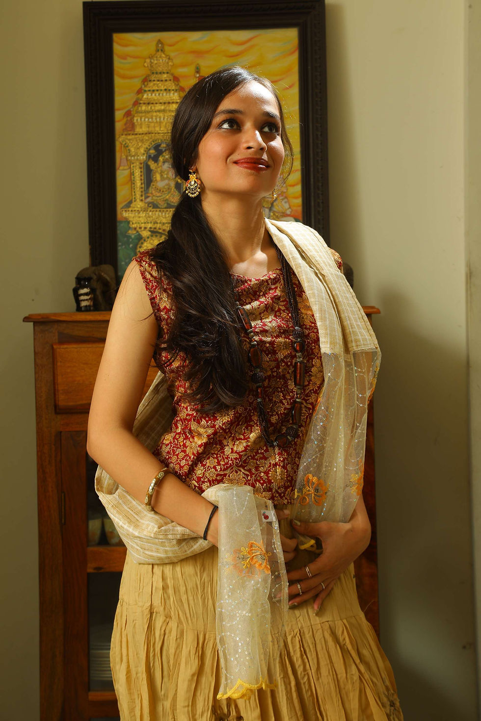 Thumbnail: Light Beige With Embroidered Lace Stole