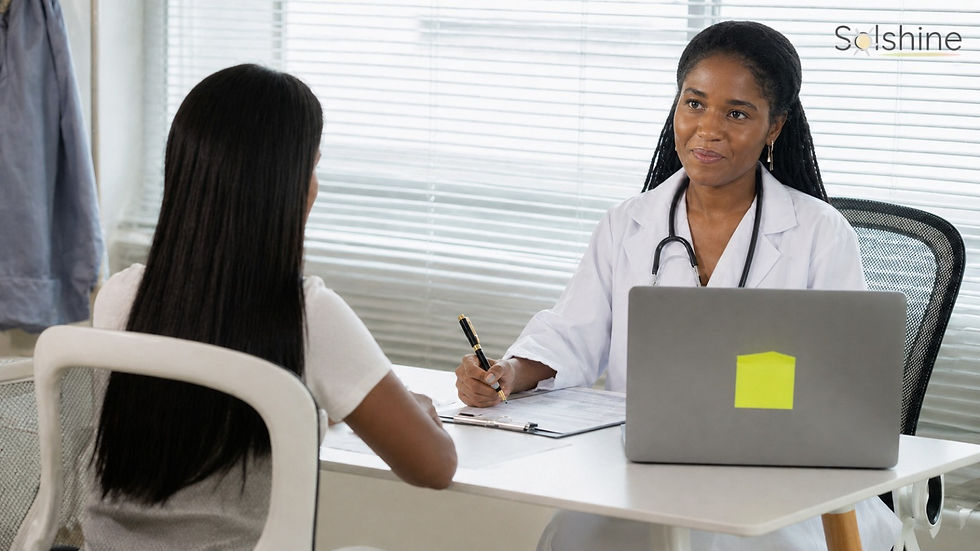  A female provider in a warm clinical office reviewing patient lab results on a tablet, natural light.