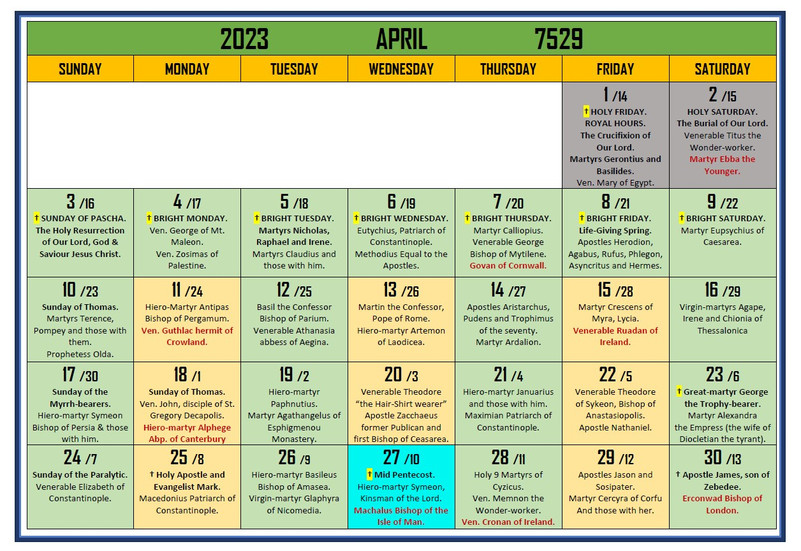 2020 Calendar Orthodox Britain Holy Metropolis of Mercia
