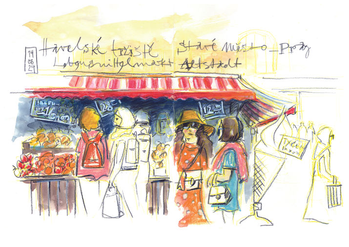 Skizze vom Markt in Prag mit Marktbesuchern