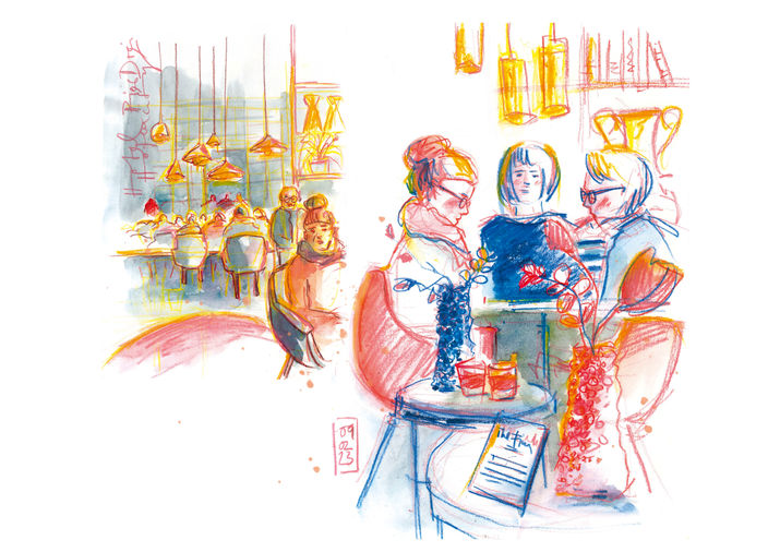 Skizze von Hotelgästen beim Aperitivo