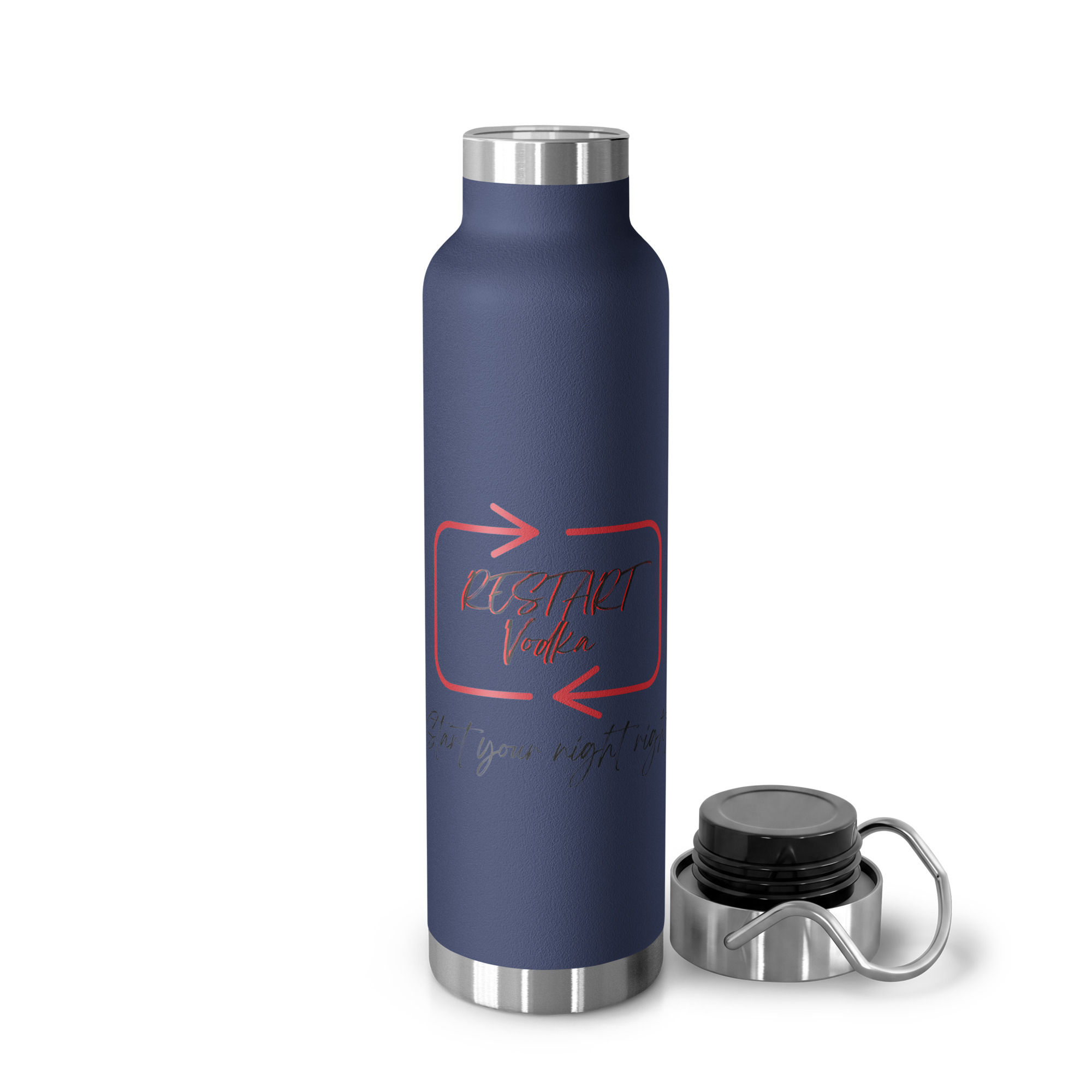 Blue copper vacuum insulated bottle with red logo.
