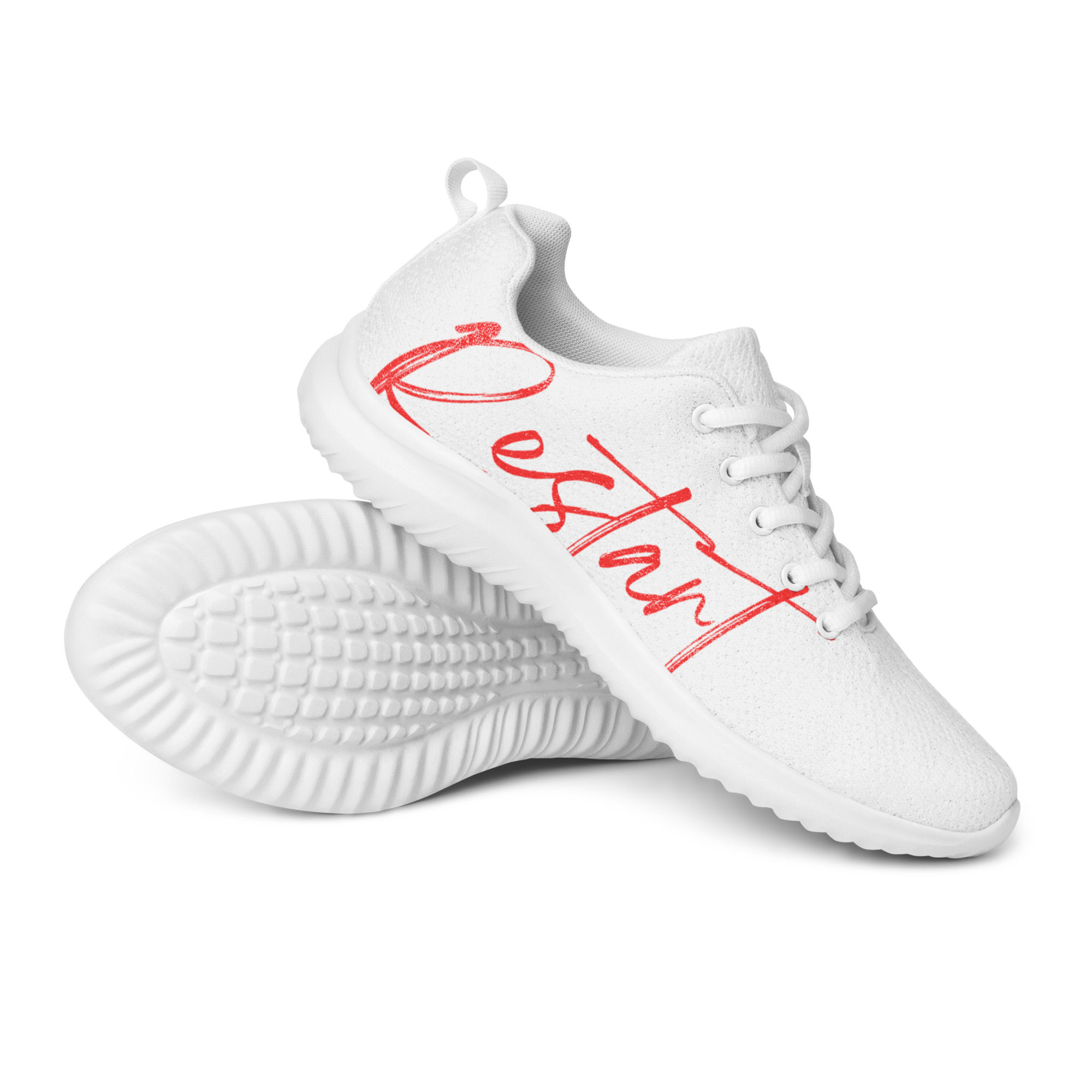 White women’s athletic shoes with red Restart script