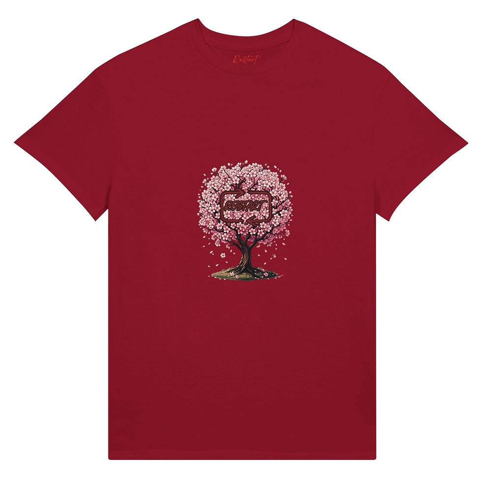 Thumbnail: Maroon Cherry Tree T shirt with pink blossom graphic