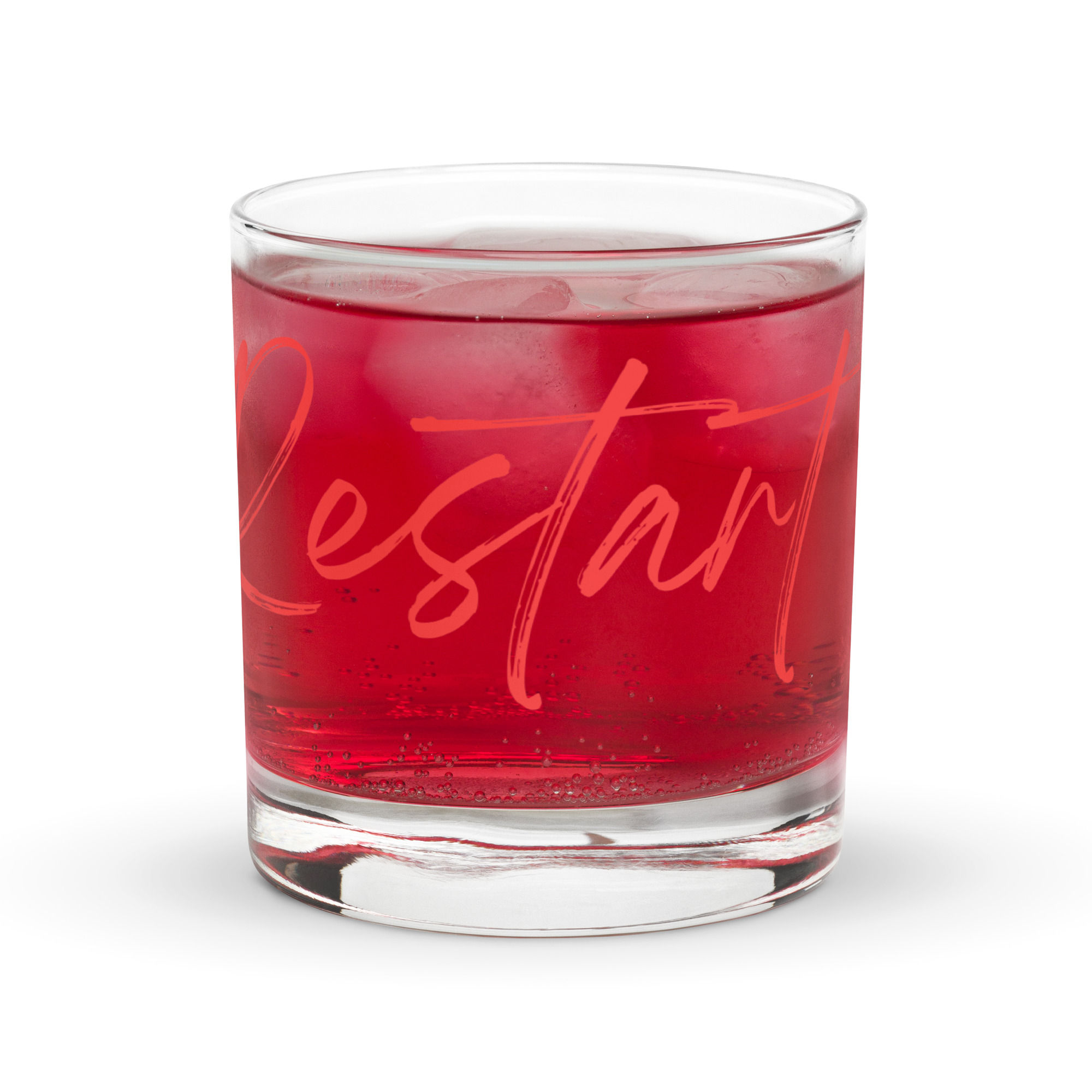 Restart Rocks glass with a red drink and ice