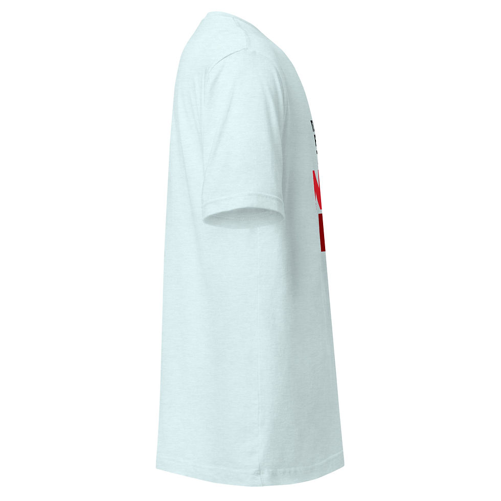 Thumbnail: Side profile of a light blue t-shirt with red graphic.