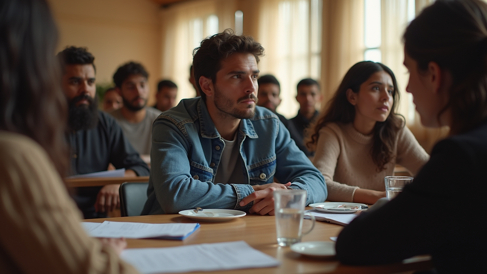 High angle view of a community meeting for immigrants