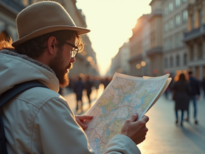 Turista analisando um mapa para encontrar o caminho em áreas turísticas