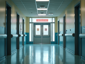 Entrada de hospital nos Estados Unidos com sinalização clara.