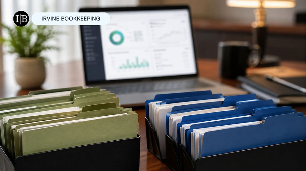 Marketing agency bookkeeper organizing 1099 contractor classification documents and QuickBooks records for IRS worker classification compliance in Orange County