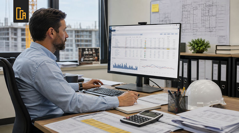Construction project manager comparing estimate vs actual variance report
