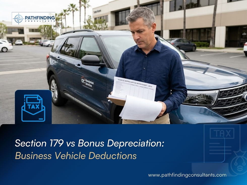 Small business owner reviewing vehicle depreciation paperwork next to a business SUV in a parking lot