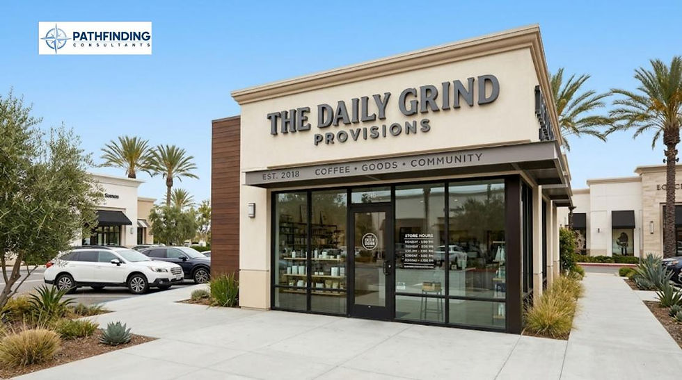 Orange County small business office exterior with business signage, daytime, professional real estate style photography