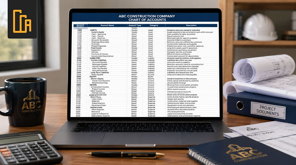 Construction company chart of accounts spreadsheet on laptop