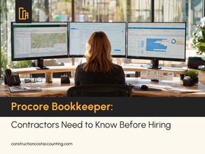 Construction bookkeeper reviewing Procore and Sage 100 Contractor data on dual monitors in Orange County California office